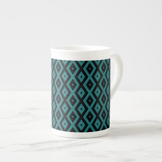 Teal and black diamond pattern porselein kop (Voorkant rechts)