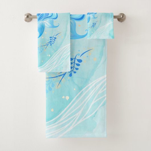 Teal and Blue Lotus Floral Art Bad Handdoek (Insitu)