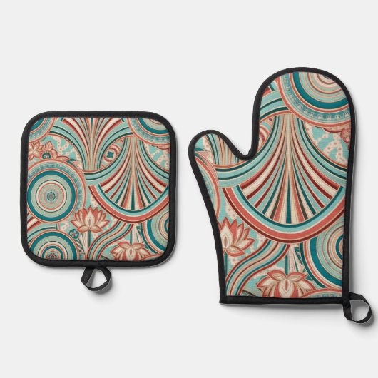 Teal and Coral Nouveau Flow Ovenwant & Pannenlap Set (Voorkant)