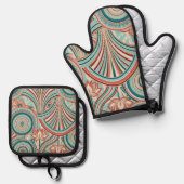 Teal and Coral Nouveau Flow  Ovenwant & Pannenlap Set (Voorkant / Achterkant)