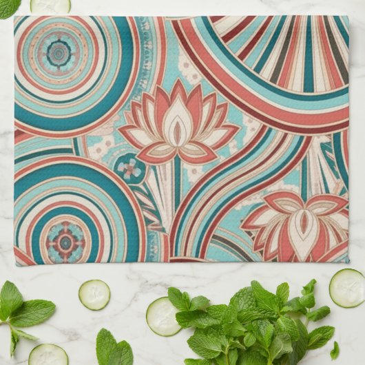 Teal and Coral Nouveau Flow Theedoek (Gevouwen)