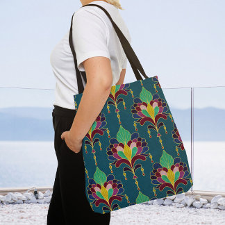 Teal and Gold Art Deco Floral Ornament Tote Bag