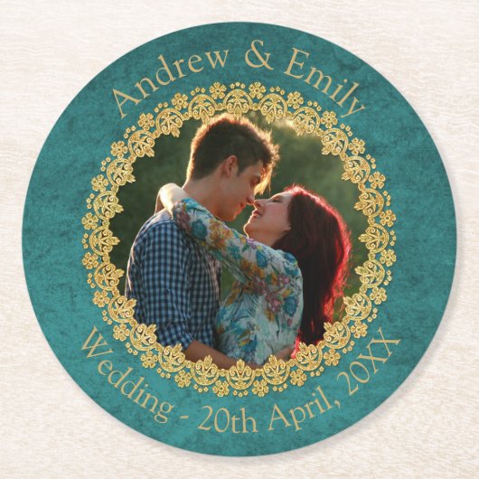 Teal and Gold Custom Photo Wedding Ronde Kartonnen Onderzetter (Voorkant)