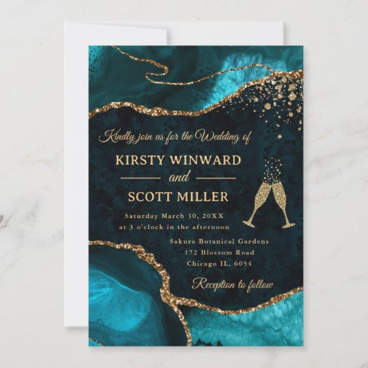 Teal and Gold Glitter Agate Wedding Kaart (Voorkant)