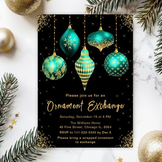 Teal and Gold Ornament Exchange Party Kaart