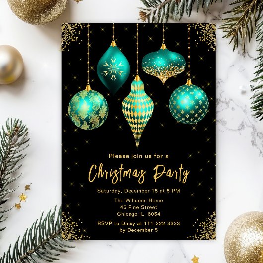 Teal and Gold Ornaments Christmas Party Kaart