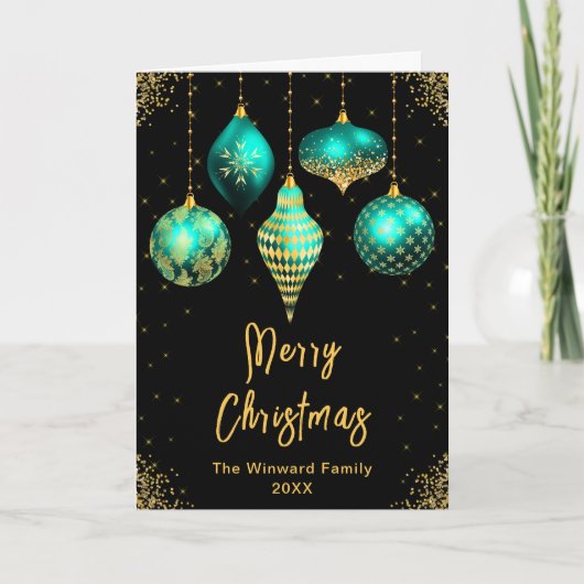 Teal and Gold Ornaments Merry Christmas Feestdagen Kaart (Voorkant)