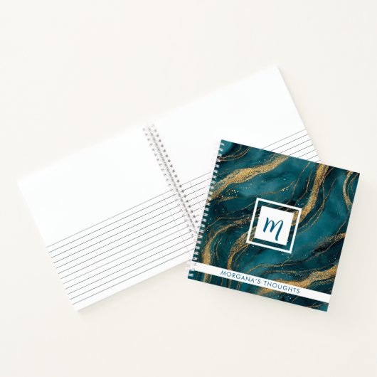 Teal and Gold Swirls Monogram Square Notitieboek (Binnen)