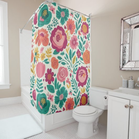 Teal and Magenta Folk Floral Douchegordijn (In situ)