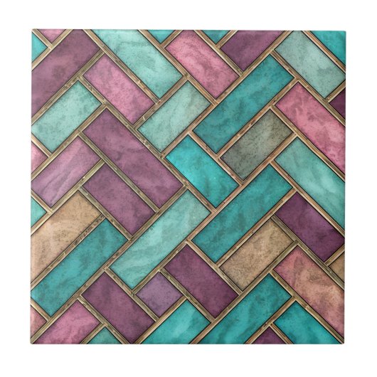 Teal and Mauve Herringbone Tile Pattern - Brick Tegeltje (Voorkant)