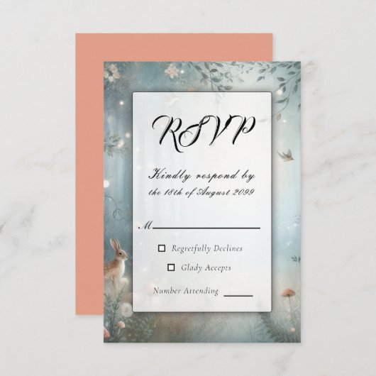 Teal and Peach Enchanted Forest Wedding RSVP Kaartje (Voorkant / Achterkant)