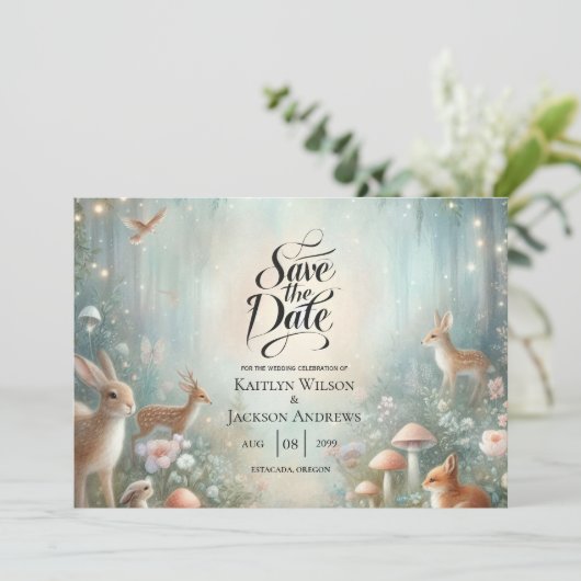 Teal and Peach Enchanted Forest Wedding Save The Date (Staand voorkant)