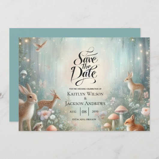 Teal and Peach Enchanted Forest Wedding Save The Date (Voorkant / Achterkant)