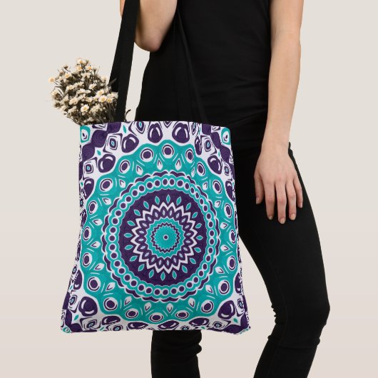 Teal and Purple Bold Mandala Pattern Tote Bag (Dichtbij)
