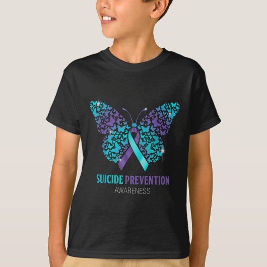 Teal And Purple Butterfly Suicide Prevention Aware T-shirt (Voorkant)