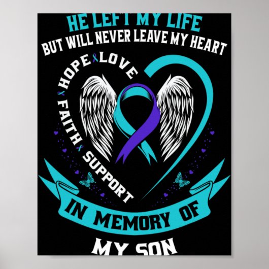 Teal And Purple Suicide Awareness Ribbon In Memory Poster (Voorkant)