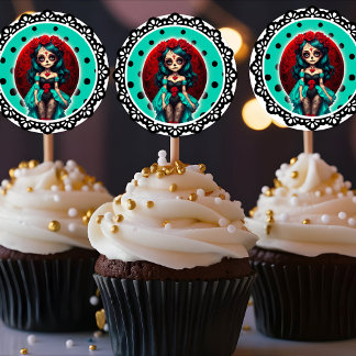 Teal and Red Roses Sugar Skulls Ronde Sticker