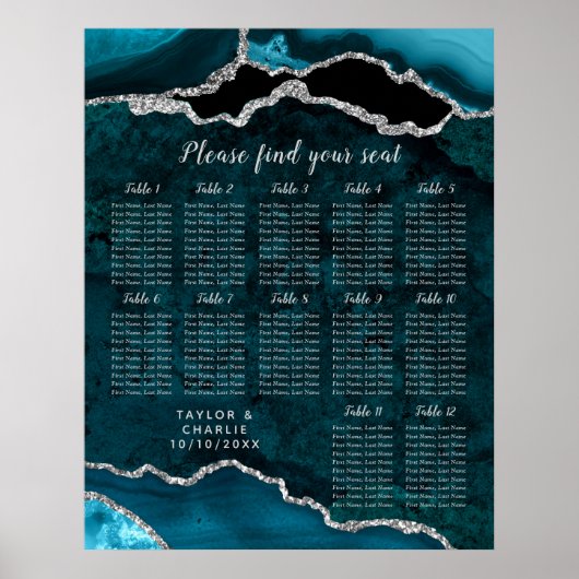 Teal and Silver Agate Wedding Seating Chart Poster (Voorkant)