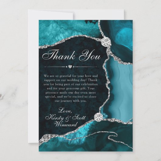 Teal and Silver Faux Glitter Agate Wedding Bedankkaart (Voorkant)