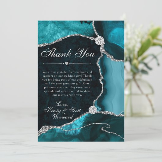 Teal and Silver Faux Glitter Agate Wedding Bedankkaart (Staand voorkant)