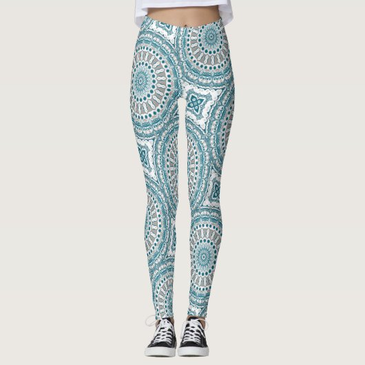 Teal and Tan Abstract Mandala Pattern Leggings (Voorkant)