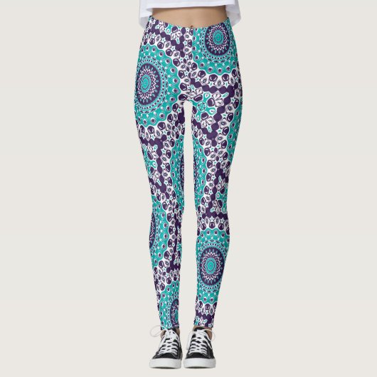 Teal and Violet Abstract Mandala Pattern Leggings (Voorkant)
