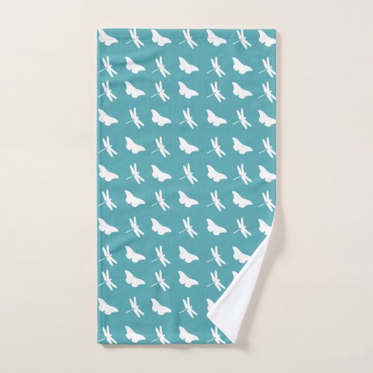 Teal and White Butterfly and Dragonfly Pattern Bad Handdoek (Handdoek)