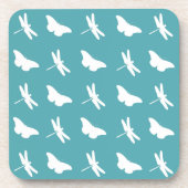 Teal and White Butterfly and Dragonfly Pattern Bier Onderzetter (Voorkant)