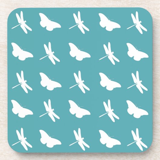 Teal and White Butterfly and Dragonfly Pattern Bier Onderzetter (Voorkant)