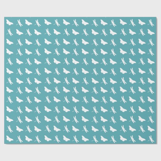 Teal and White Butterfly and Dragonfly Pattern Cadeaupapier (Vlak)