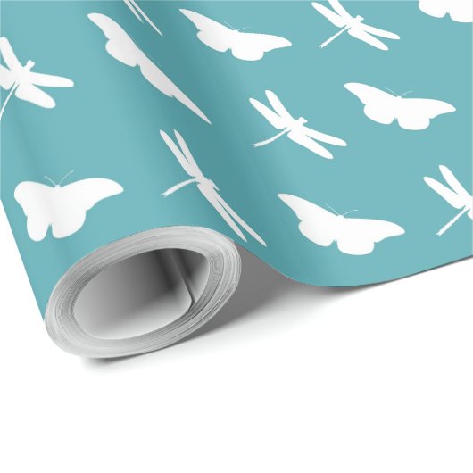Teal and White Butterfly and Dragonfly Pattern Cadeaupapier (Rol Hoek)