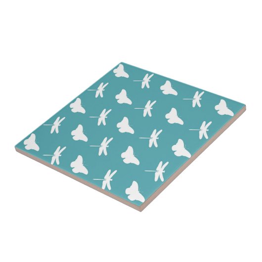 Teal and White Butterfly and Dragonfly Pattern Tegeltje (Zijkant)