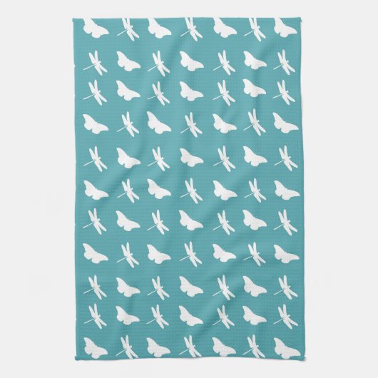 Teal and White Butterfly and Dragonfly Pattern Theedoek (Verticaal)