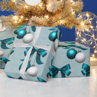 Teal and White Christmas Bauble Ornament Cadeaupapier