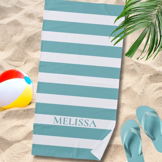 Teal And White Striped Name Cabana Stripe Strandlaken