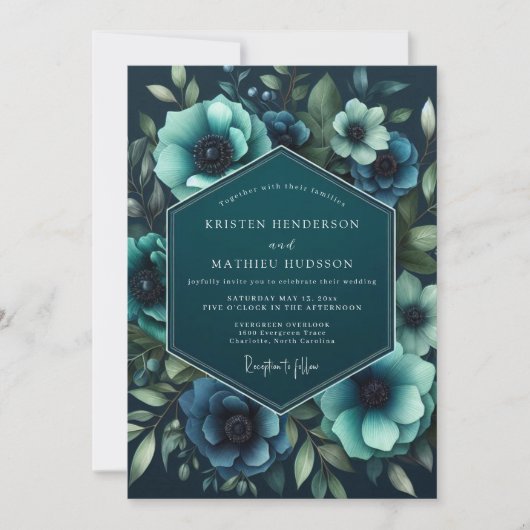 Teal Anemone Moody Romance Wedding Kaart (Voorkant)
