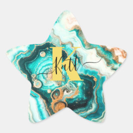 Teal Aqua Agate Gouden Moderne Aangepaste Monogram Ster Sticker