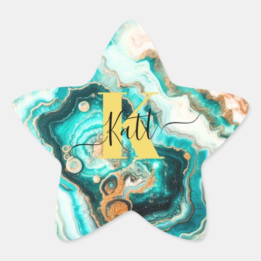 Teal Aqua Agate Gouden Moderne Aangepaste Monogram Ster Sticker (Voorkant)