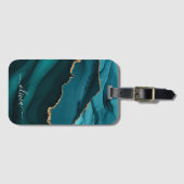 Teal Aqua Blauw Groen Agate Geode Goud Monogram Bagagelabel (Voorkant (horizontaal))