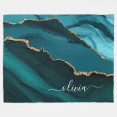 Teal Aqua Blauw Groen Agate Geode Goud Monogram Fleece Deken (Voorkant (Horizontaal))