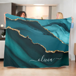 Teal Aqua Blauwe Groene Agaat Geode Gouden Monogra Fleece Deken