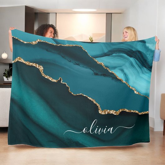 Teal Aqua Blauwe Groene Agaat Geode Gouden Monogra Fleece Deken