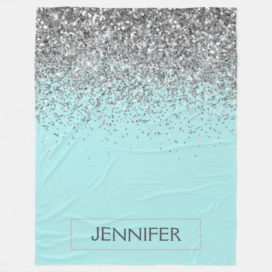 Teal Aqua Blauwe Zilveren Glitter Meisjesachtige M Fleece Deken (Voorkant)
