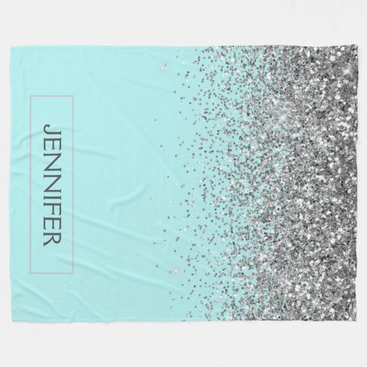 Teal Aqua Blauwe Zilveren Glitter Meisjesachtige M Fleece Deken (Voorkant (Horizontaal))