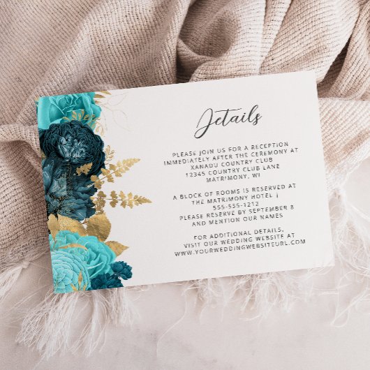Teal Aqua Floral Gold Script Wedding Details  Informatiekaartje