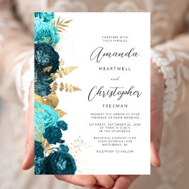 Teal Aqua Floral Gold Script Wedding Kaart