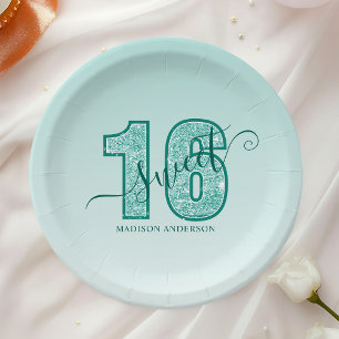 Teal Aqua Glitter Script Sweet 16 Papieren Bordje