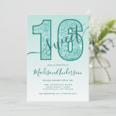 Teal Aqua Glitter Script Sweet 16 Verjaardagsfeest Kaart (Staand voorkant)