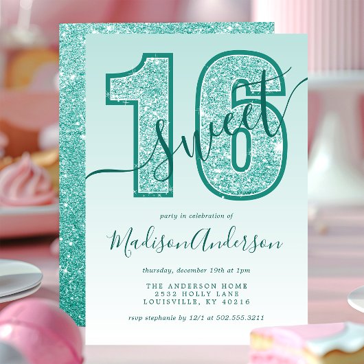 Teal Aqua Glitter Script Sweet 16 Verjaardagsfeest Kaart
