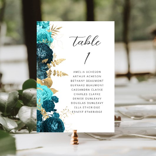 Teal Aqua Gold Floral Modern Script Wedding Kaart